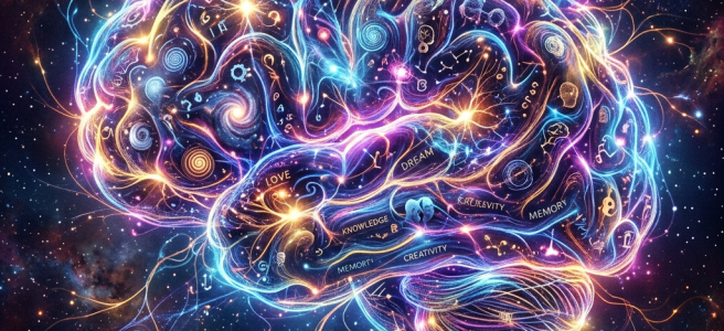 Glowing brain with cosmic patterns and words like creativity, memory, identity, and knowledge