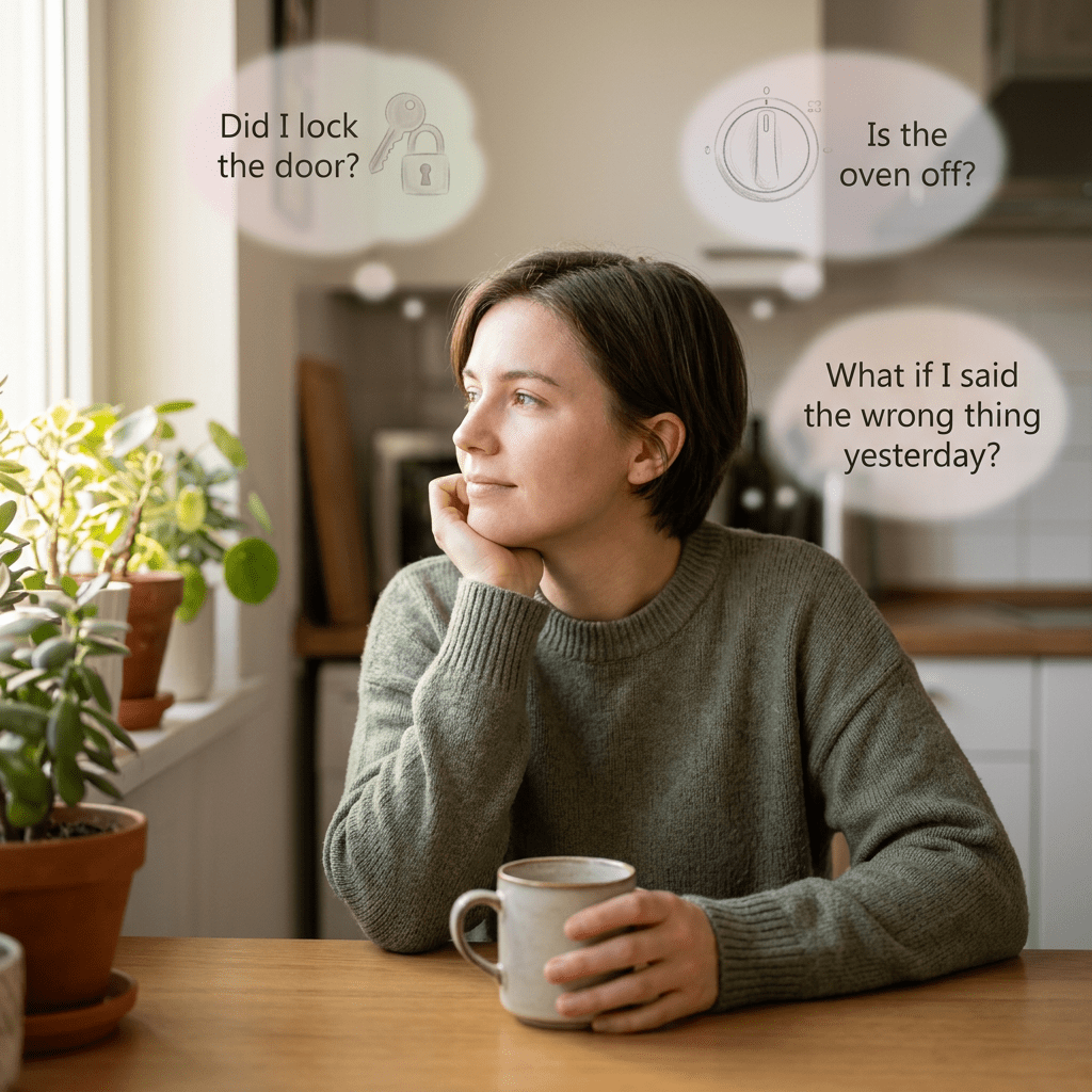 Woman sitting at a table holding a mug, thinking about locking door, oven off, and saying wrong thing