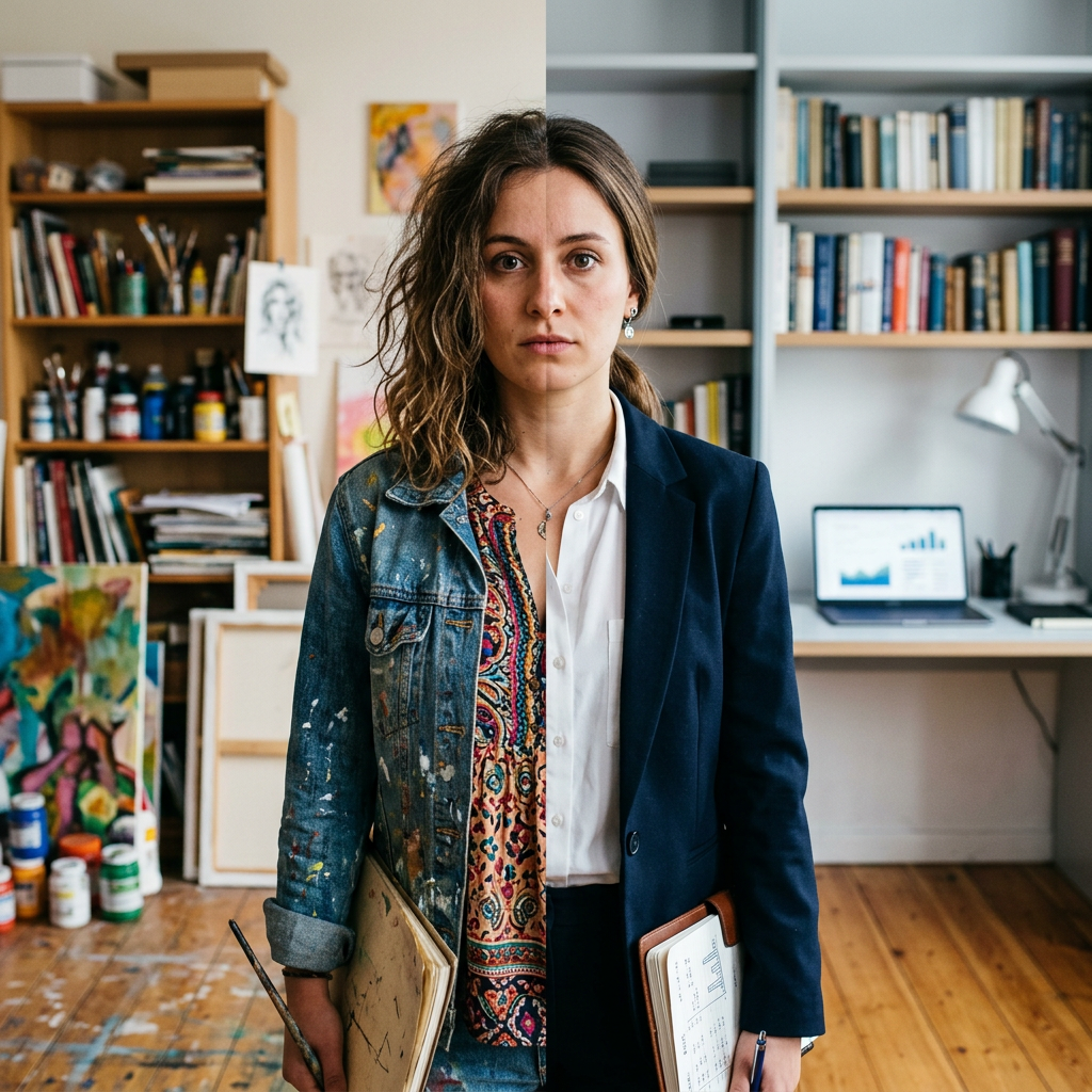 Woman wearing a paint-splattered denim jacket on one side and a business blazer on the other, holding drawing tools and business documents.