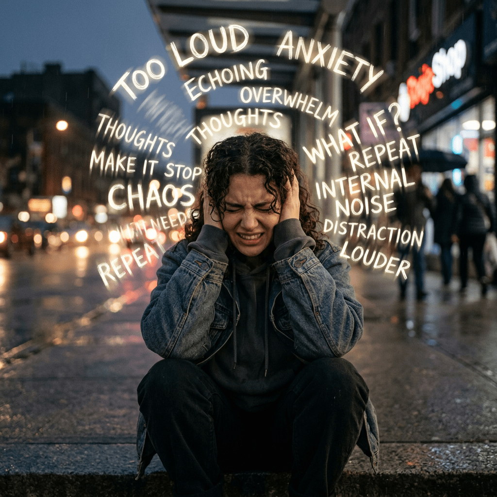 Person covering ears, thoughts echoing louder