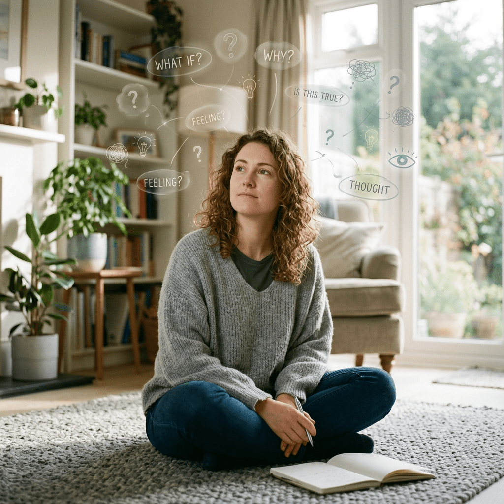 Woman sitting on floor with open notebook, surrounded by thought bubbles with questions and ideas