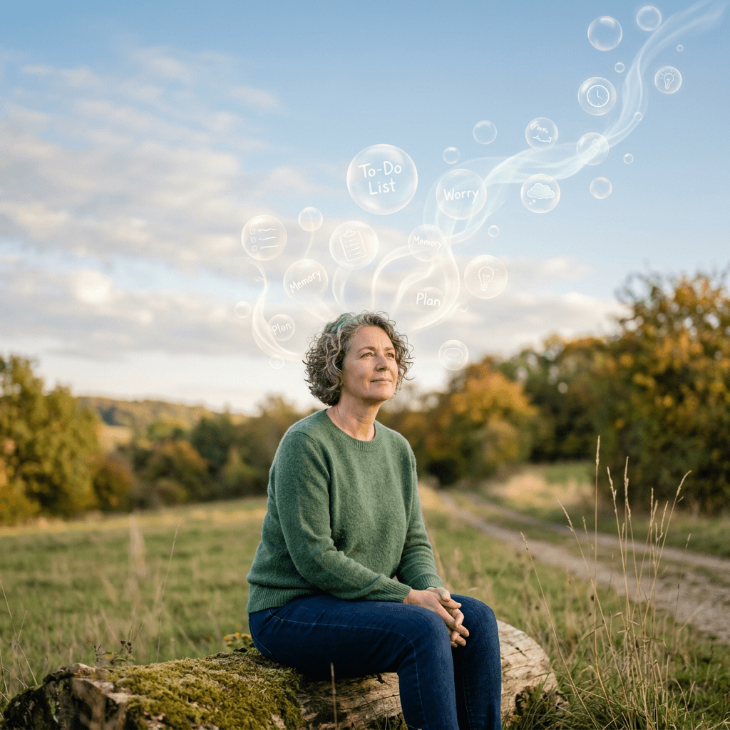 Person observing thoughts floating away peacefully