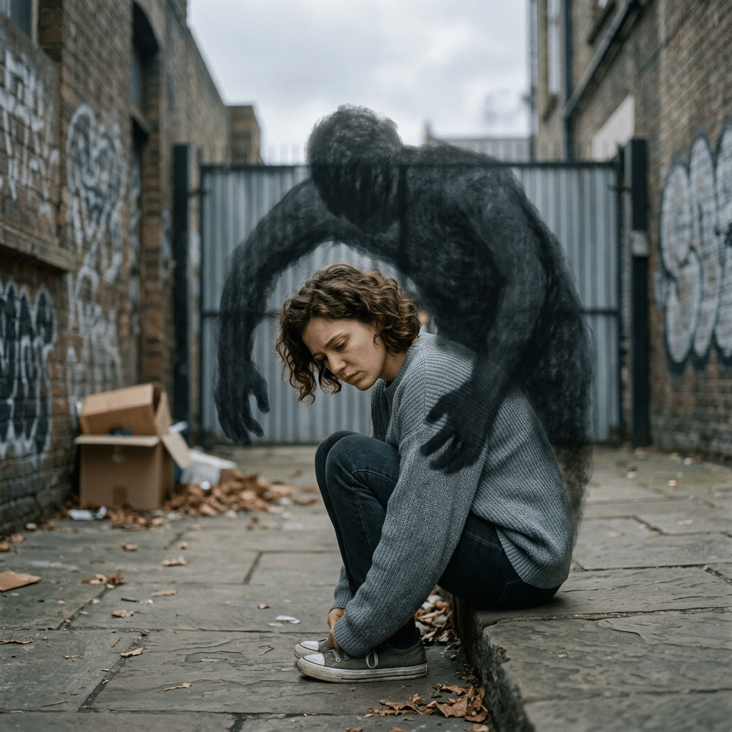 Person weighed down by inner critic shadow