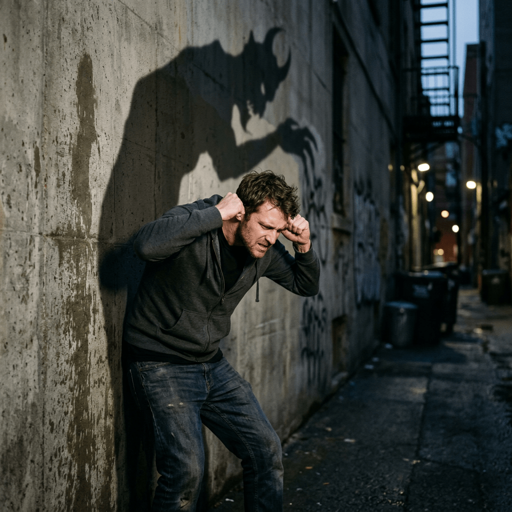 Person under inner threat shadow, tense posture