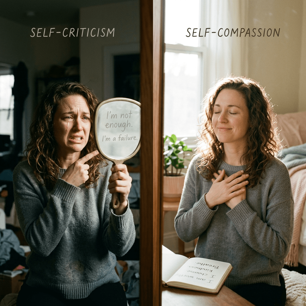 Person shifting from self-criticism to self-compassion