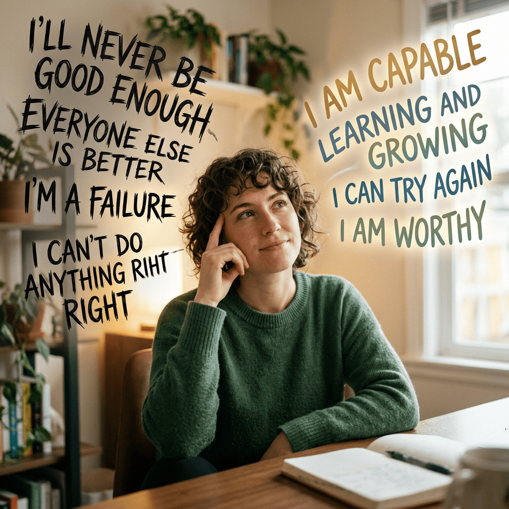 Person transforming harsh self-talk into supportive voice