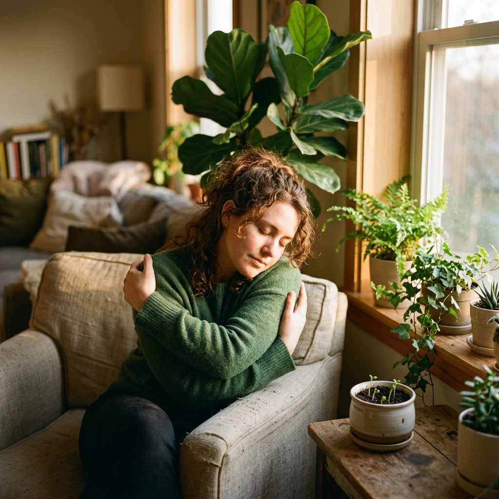 Person embracing self, warm light growth symbolism