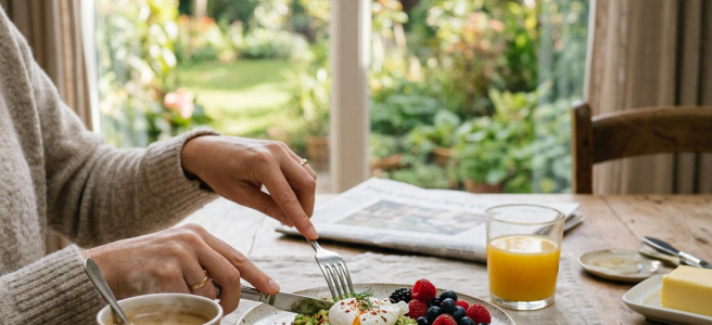 Plate with avocado toast topped with poached egg and mixed berries, coffee mug, glass of orange juice, and bowl of yogurt with granola on wooden table near garden window