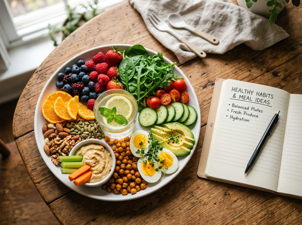 Plate with fresh fruits, vegetables, nuts, hummus, eggs, and lemon water next to a notebook with healthy meal notes