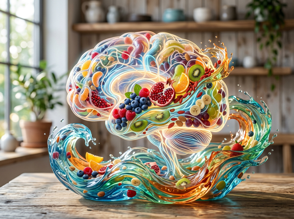 A stylized brain made of various fruits and nuts surrounded by swirling colorful liquid waves.