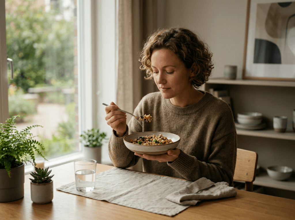 Woman eating a bowl of food at a wooden table near a window with plants