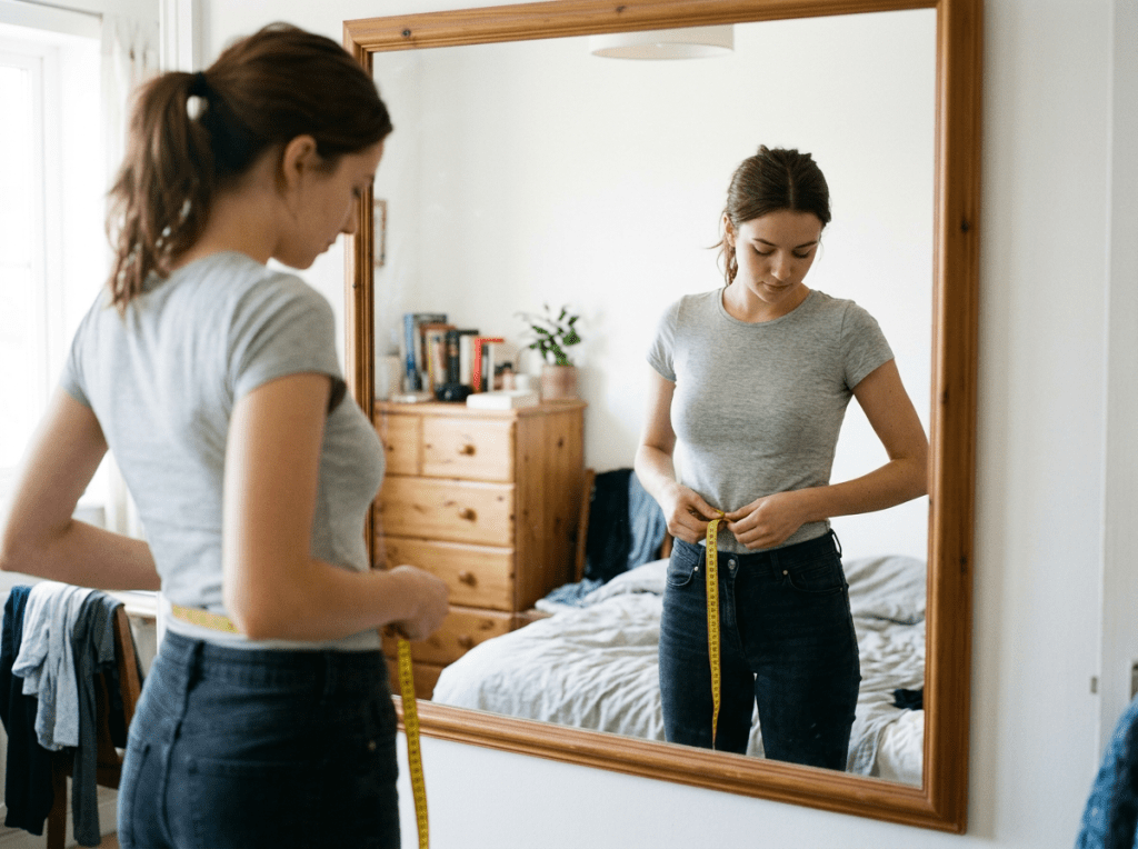 Very thin young woman measuring waist in mirror