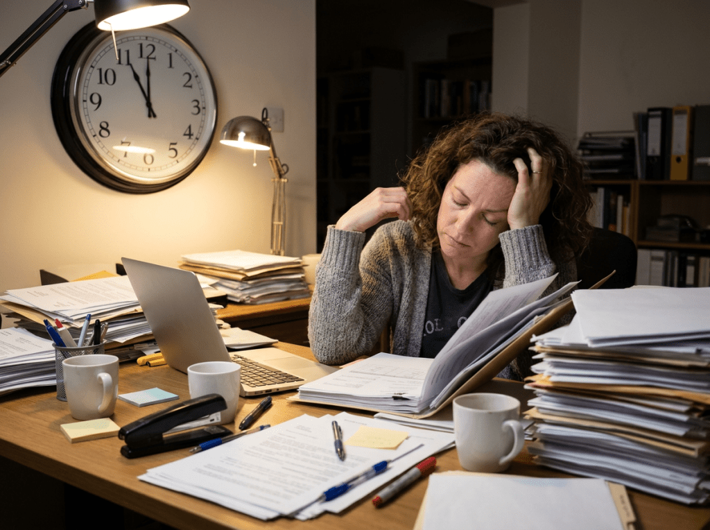 Woman stressed at desk surrounded by stacks of paperwork and coffee cups.