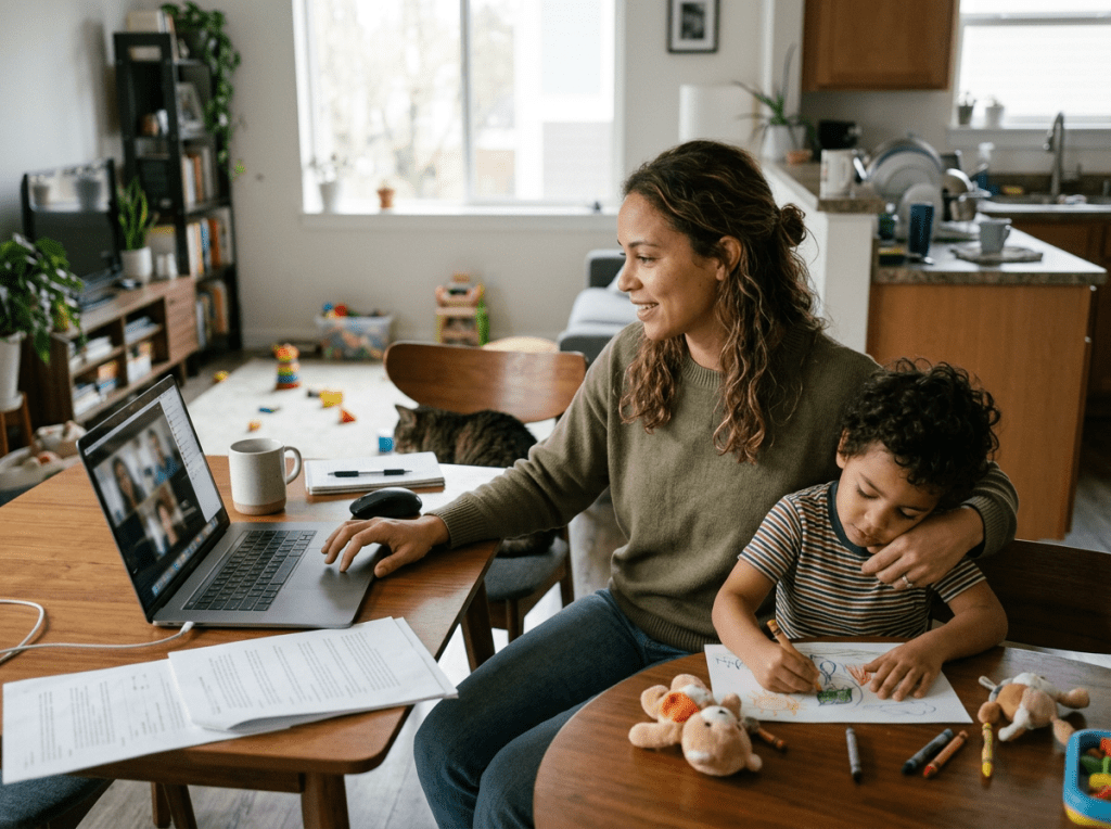 Mother working on laptop with child drawing beside her