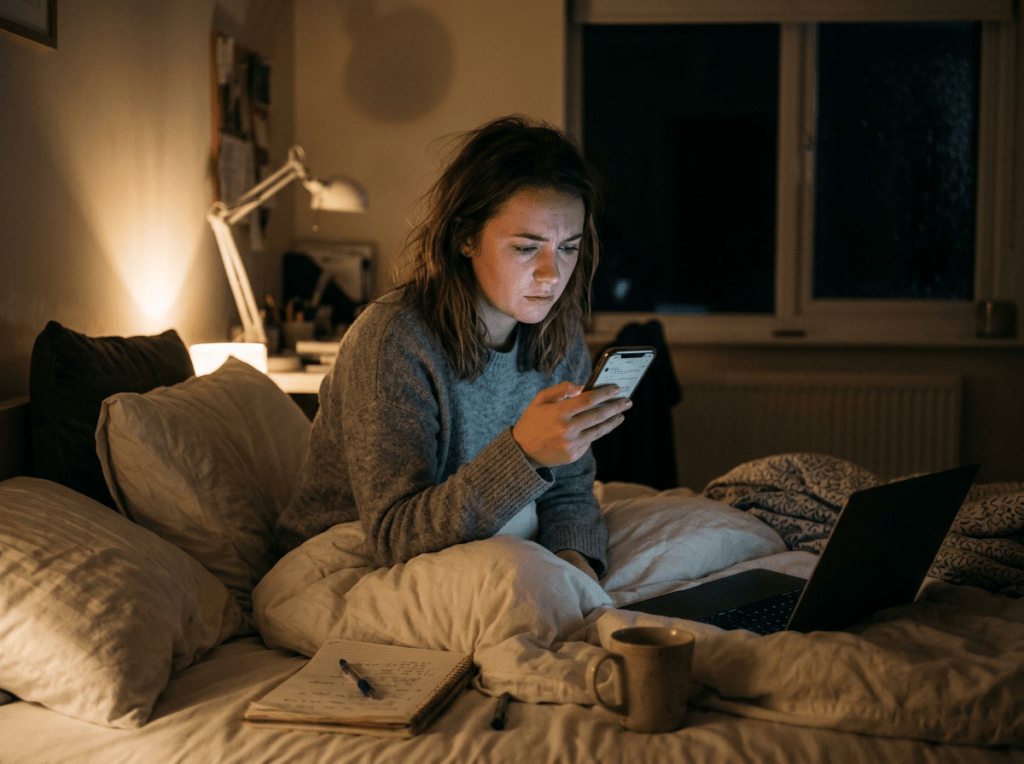 Woman sitting in bed with laptop and notebook, looking at phone.