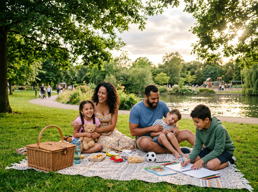 Family having a picnic by the lake with food, drawing, and toys