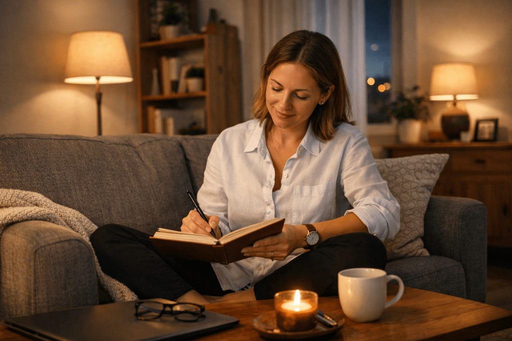 Person journaling after work in calm home setting