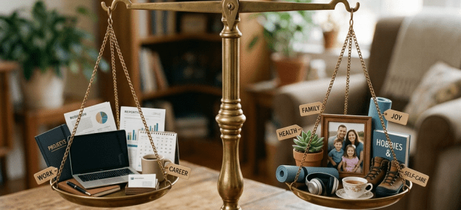 Brass balance scale with work documents and laptop on one side and family photo, plants, and hobbies on the other