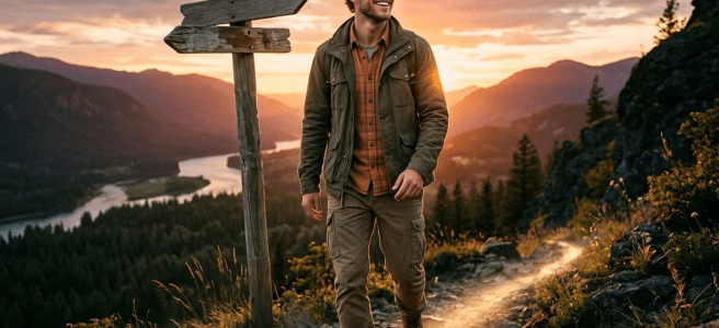 Man hiking on mountain trail at sunset beside a wooden signpost with forest and river in background