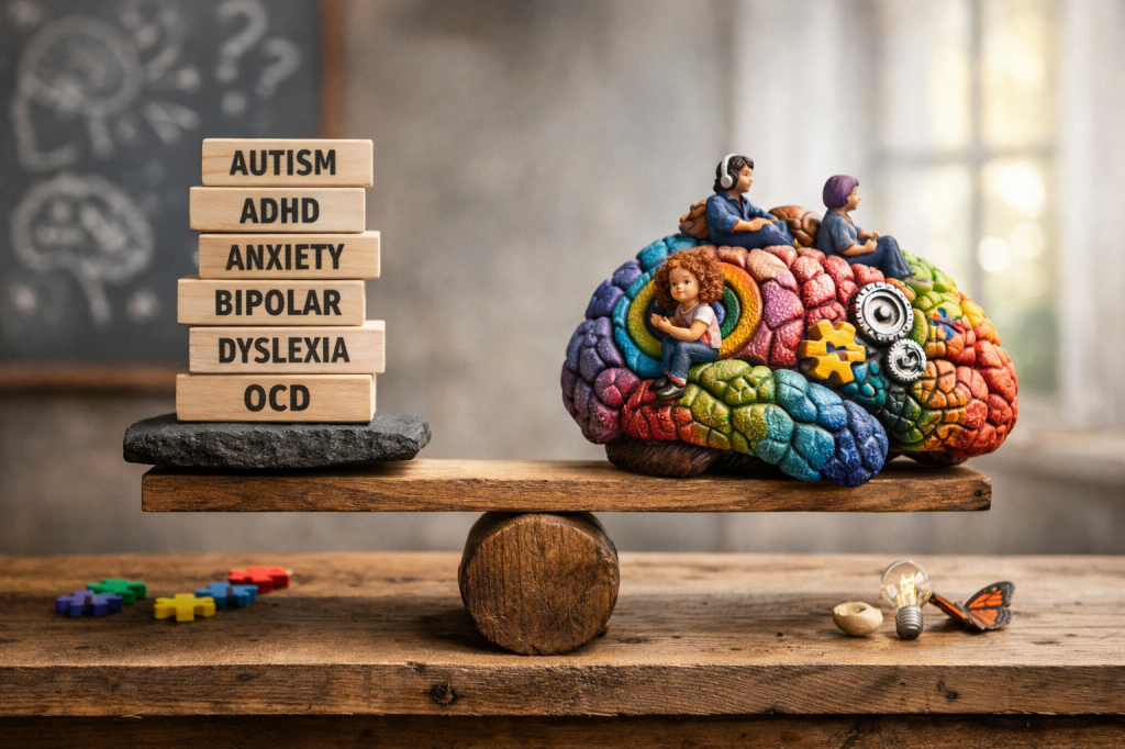 Abstract balance between diagnostic labels and diverse minds
