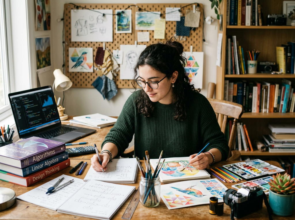 Young person with symbolic analytical and creative elements