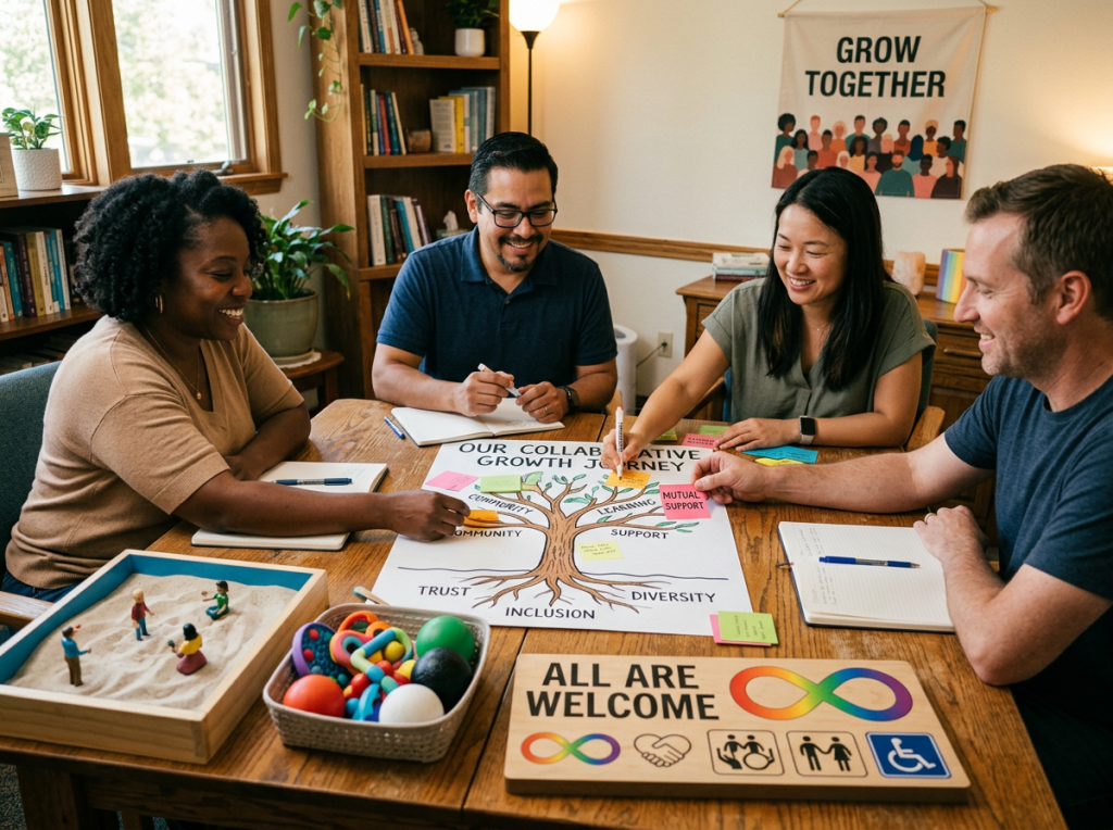 Therapy tools, inclusion symbols, collaborative growth concept