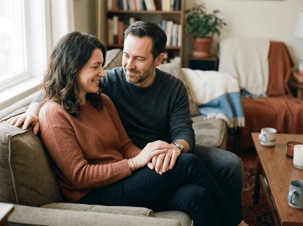 Couple sitting closely on a couch holding hands and smiling at each other.