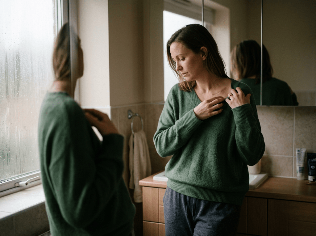 Woman in green sweater looking at a scar on her shoulder near bathroom mirror