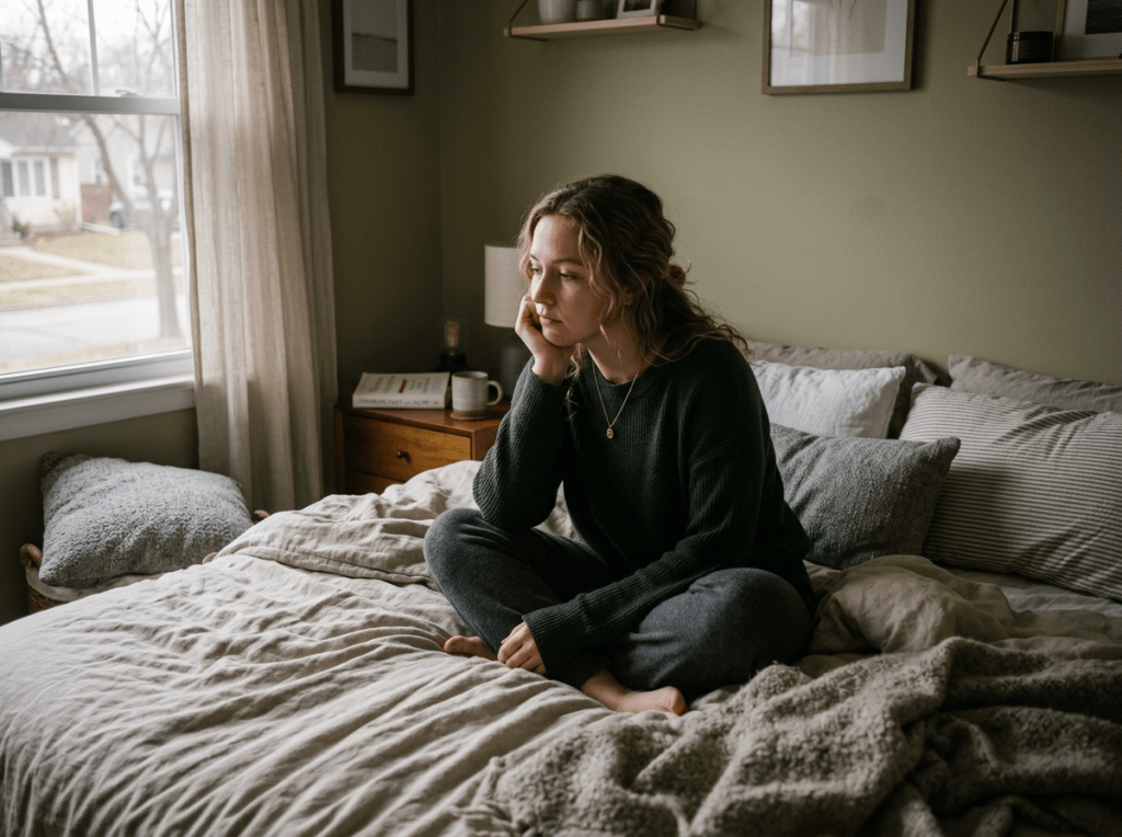 Woman sitting cross-legged on bed looking out window thoughtfully