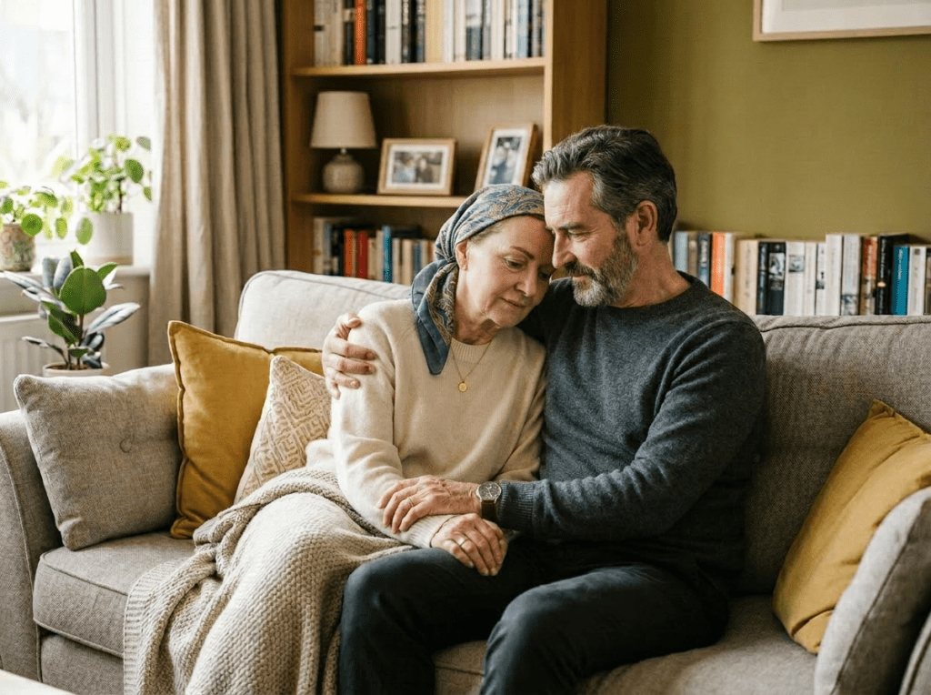 Couple sitting close on couch, embracing affectionately