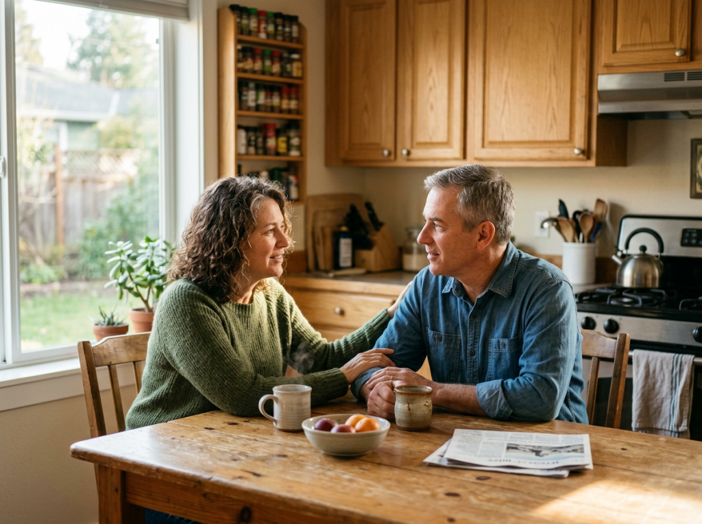 Couple talking openly at kitchen table