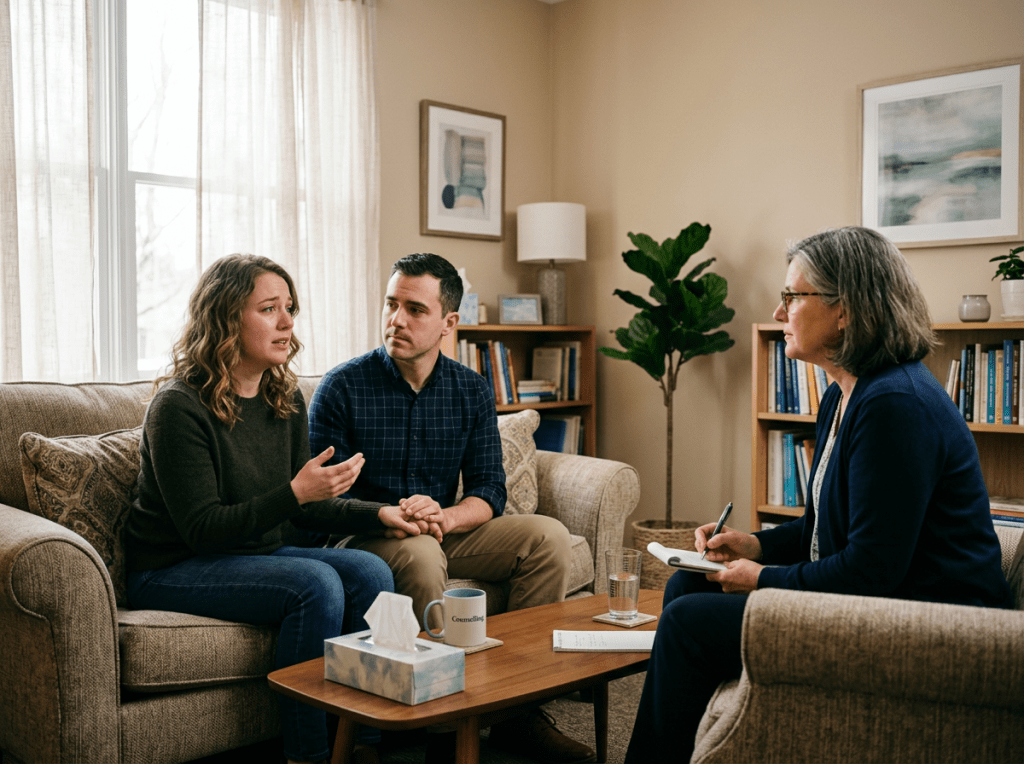 Couple in therapy session with psychologist
