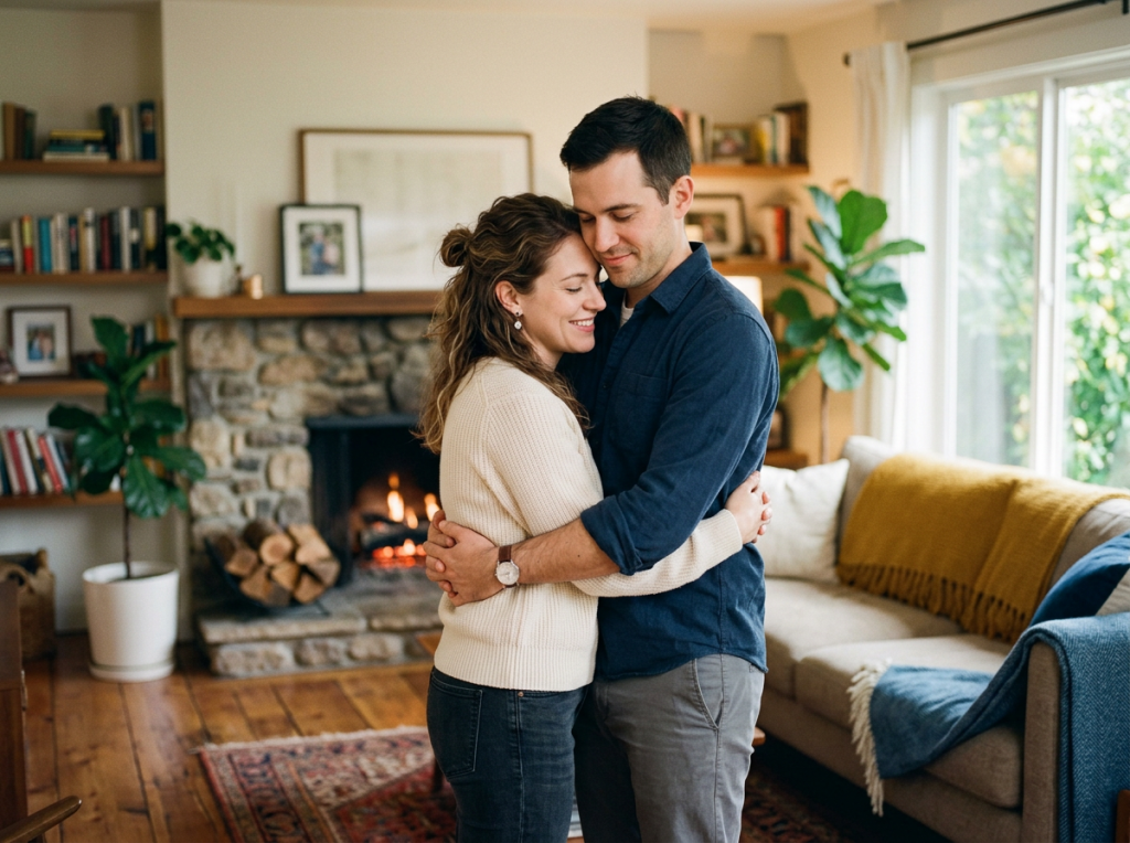Couple embracing calmly in warm home setting