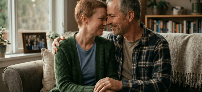 Man and woman affectionate in comfortable living room