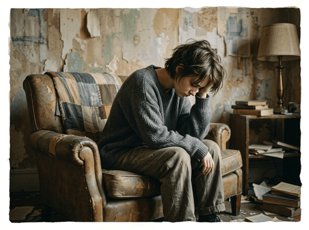 Person sitting on a worn sofa with head resting on hand in a dim room