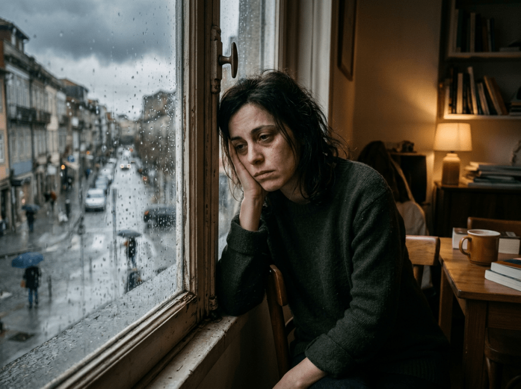 Woman resting her head on her hand by a rainy window indoors