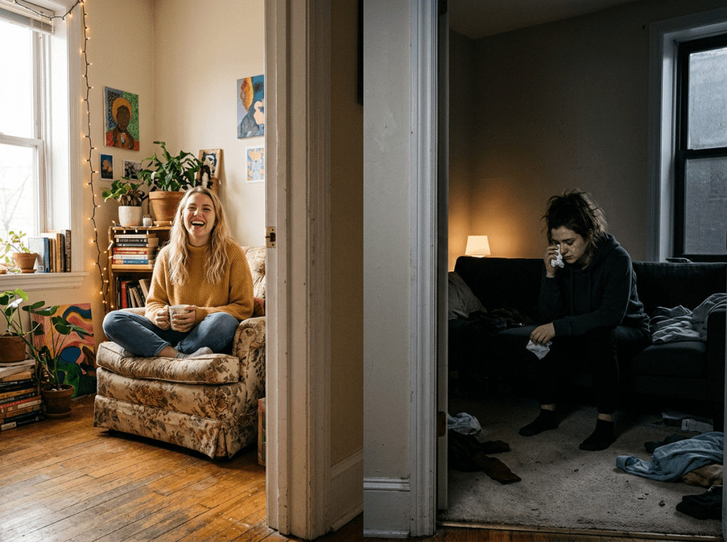Woman happily sitting on armchair in bright room; woman crying on couch in dim room