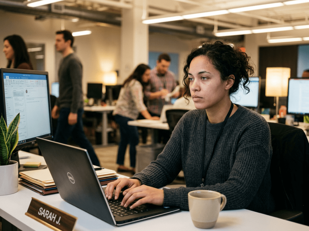 Woman typing on a laptop at her office desk with a coffee mug and nameplate reading Sarah J.