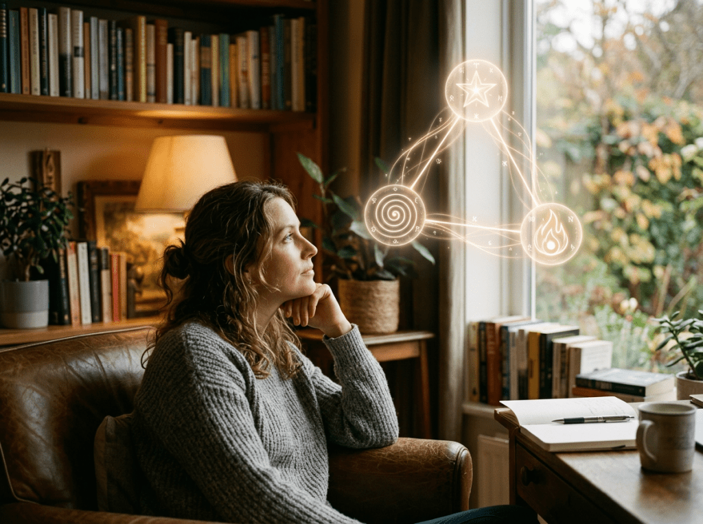 Woman reflecting with symbolic thought triad