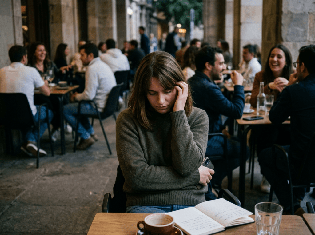 Woman withdrawn in social setting, self-critical mood