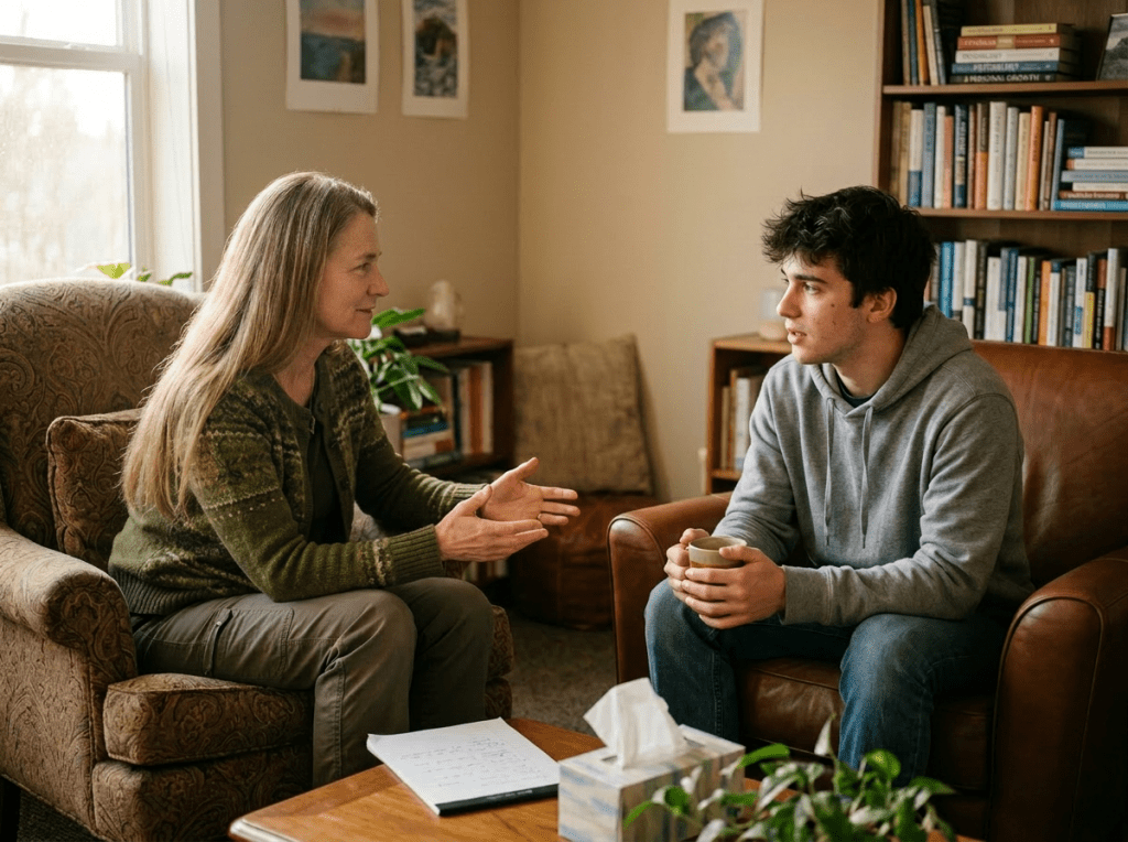 Therapist with long straight light brown hair