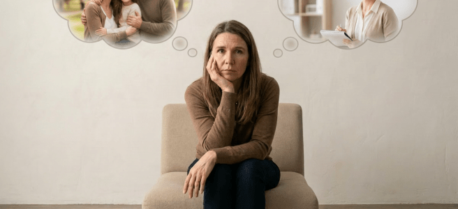 Woman sitting in therapy room holding a drawing with a child and a woman outside window holding a sign