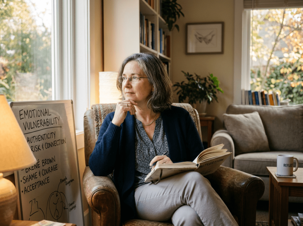 Woman sitting in an armchair with a journal and whiteboard about emotional vulnerability