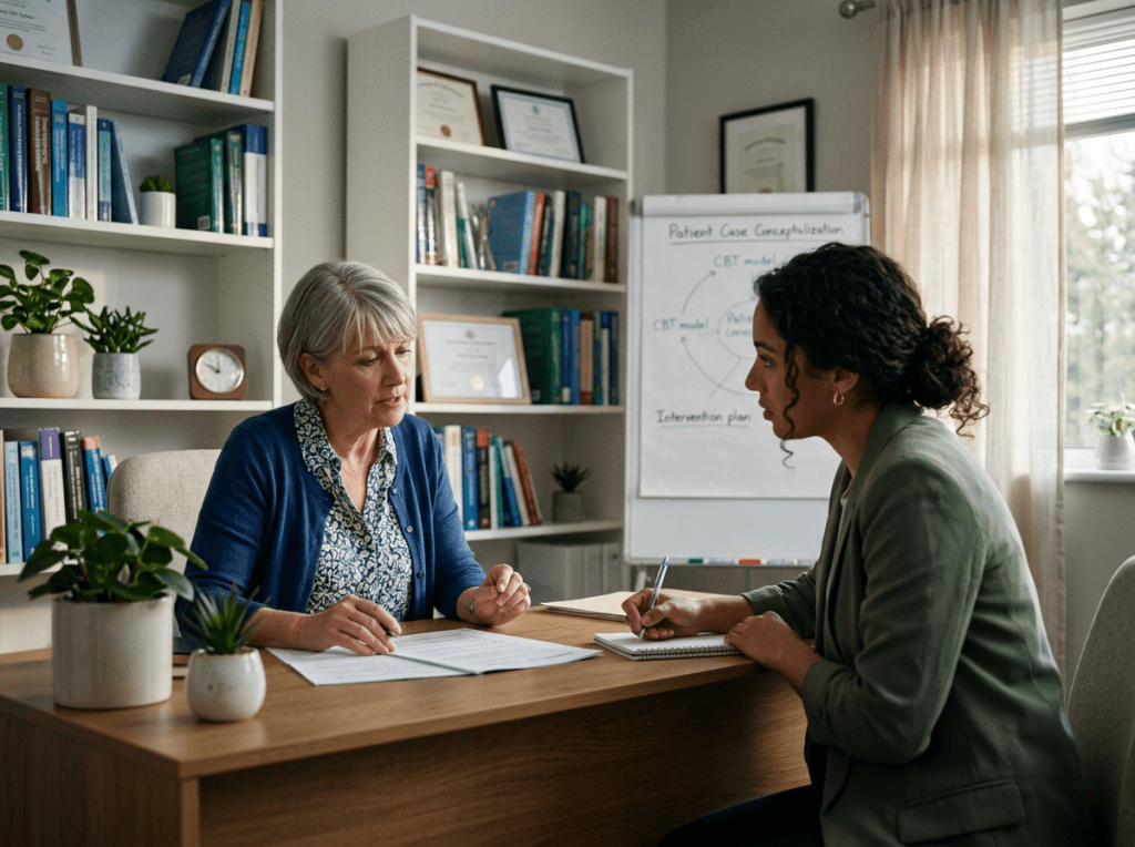 Two women discussing documents in a therapy office with a whiteboard and bookshelves