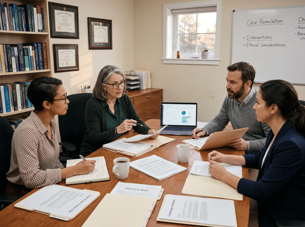 Four people in a meeting discussing case formulation with documents and laptop