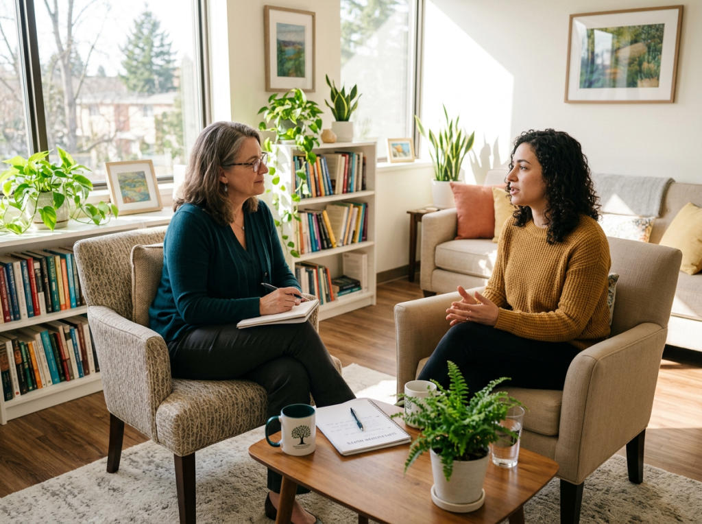 Two women engaged in a therapy session in a bright, comfortable office with plants and books.