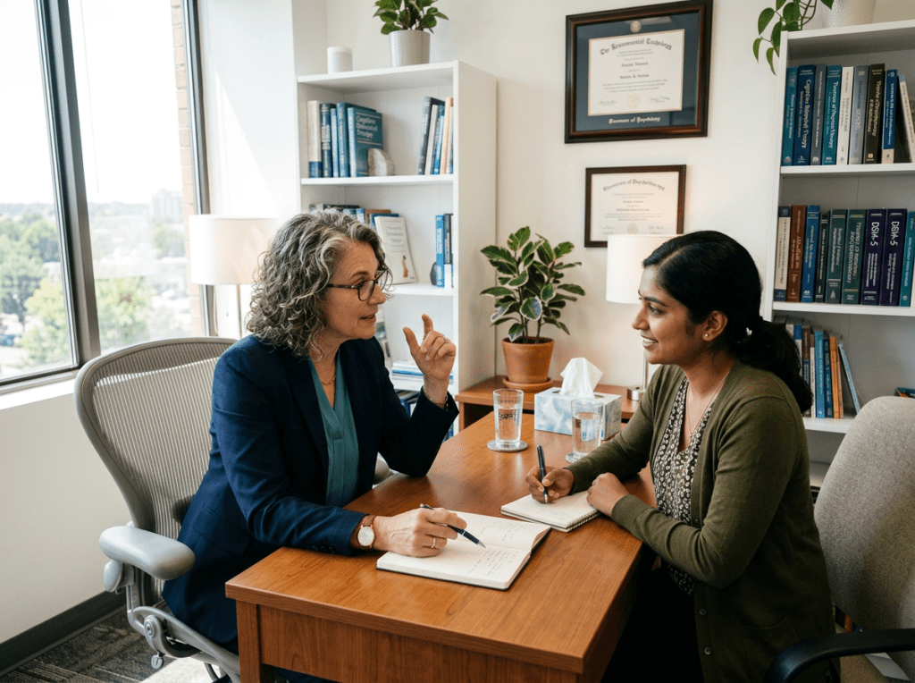Experienced supervisor mentoring young psychologist in bright office