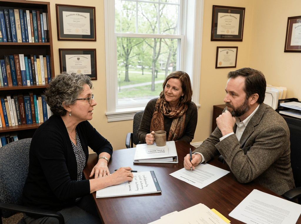 Psychologists discussing ethical decisions in supervision office