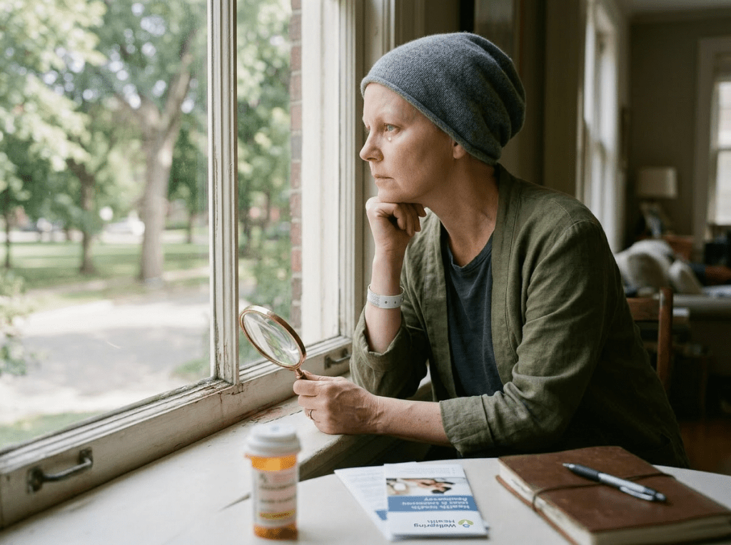 Woman reflective by window, subtle medical context