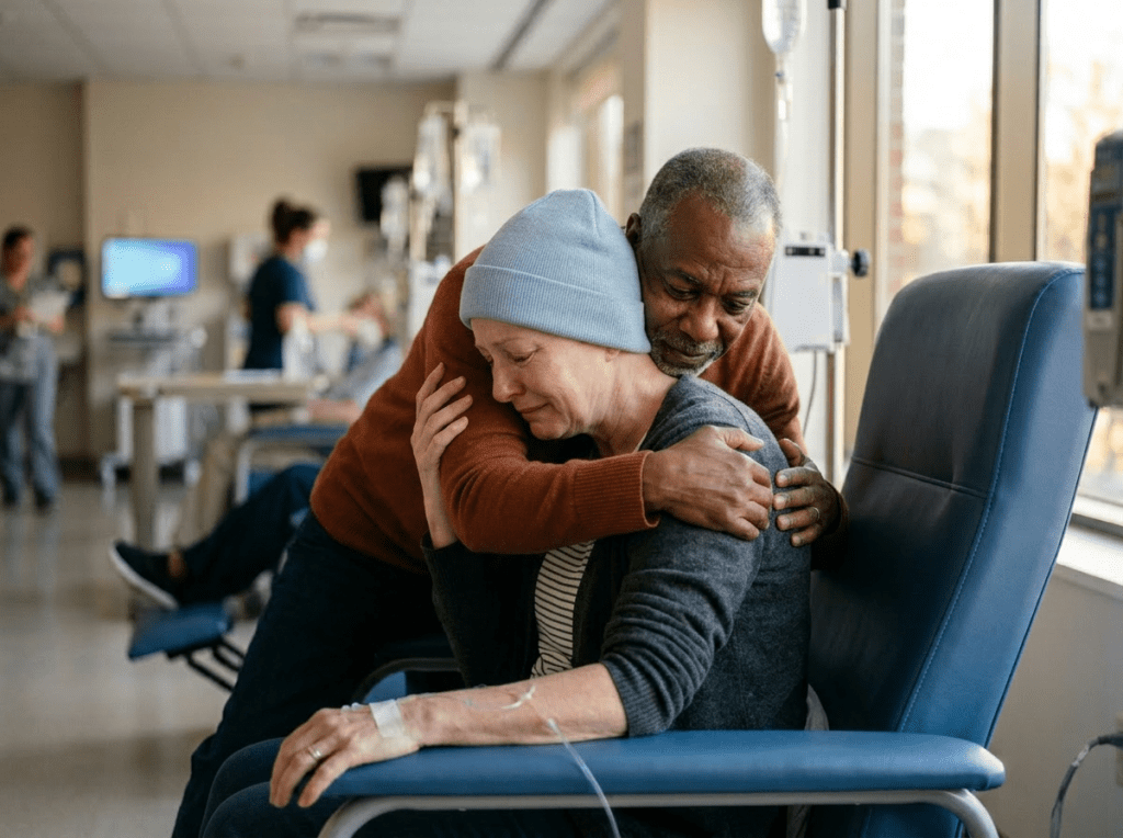Woman vulnerable, man providing emotional support